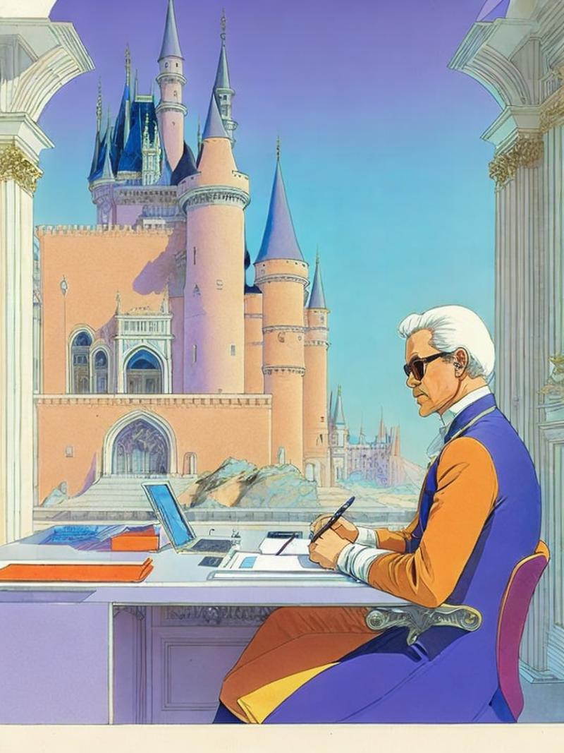 00695-526225556-a painting of a man sitting at a desk with a pen in his hand and a castle in the background by Moebius Jean Giraud.png